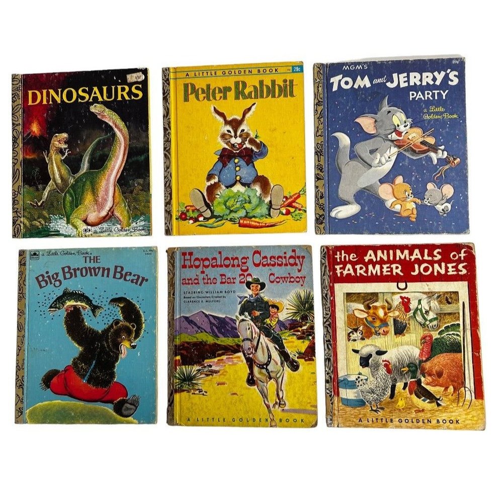 Lot of 6 Vintage A Little Golden Book Dinosaurs Peter Rabbit Hopalong Cassidy